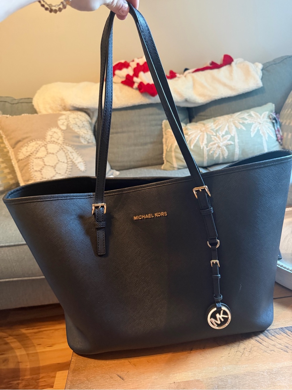 Michael Kors Black Saffiano Leather Tote with Gold Logo Charm